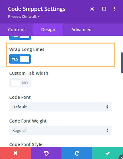 Wrap Long Lines in Divi Code Snippet Module - Divi Booster