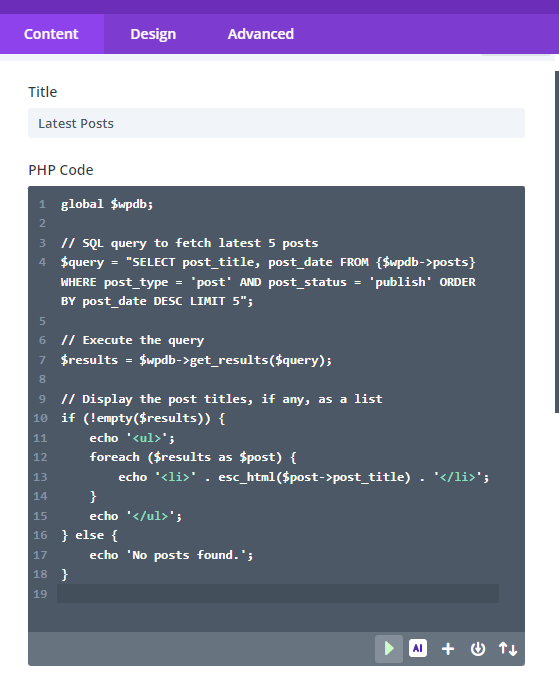 Display SQL Results with Divi PHP Code Module