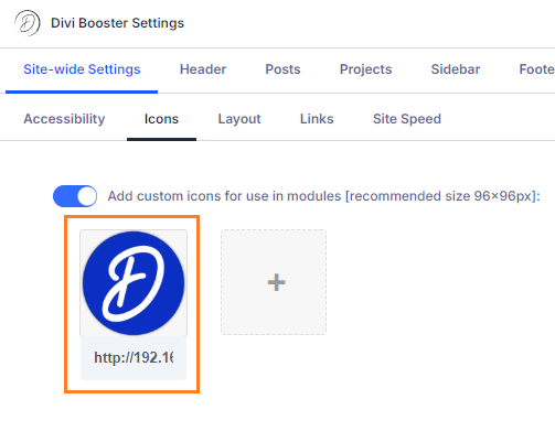 Divi Booster setting showing a custom icon uploaded for use in Divi module icon lists