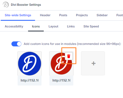 Divi Booster setting showing a custom icon being removed from Divi module icon lists