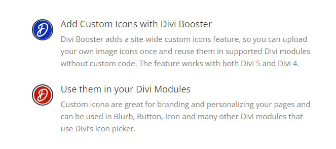 Divi custom icons displayed on the Divi front end in Divi layout