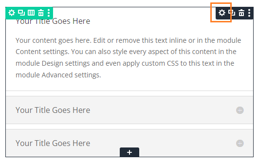 Accordion module settings button shown in Divi 5