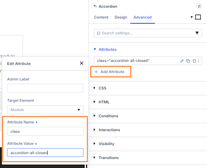 Add an accordion module all closed class in Divi 5