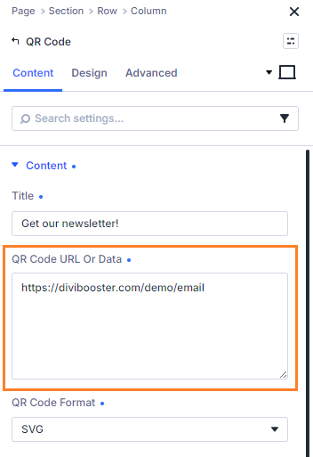 Entering a QR Code URL in Divi