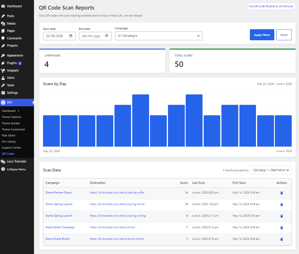 Divi QR Code Module Scan Reports page