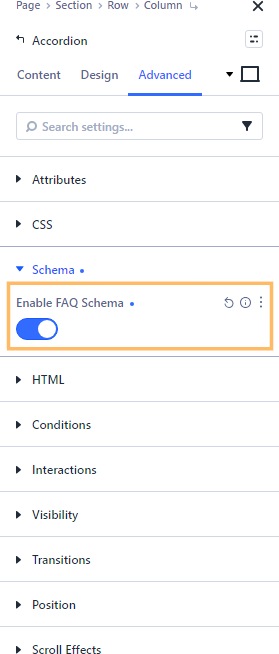 Enable FAQ Schema option in the Divi Accordion Advanced settings