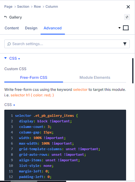 Adding masonry layout CSS to the Divi Gallery Module