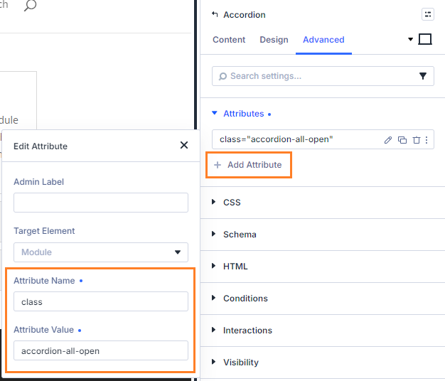 Add an accordion module all open class in Divi 5