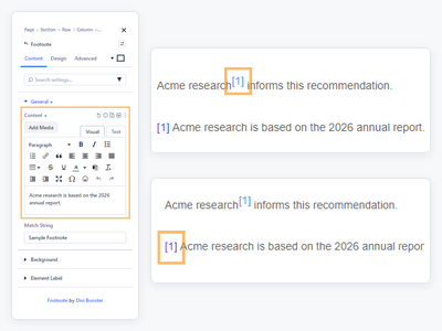 Divi Footnotes Module links numbered references in page text to supporting footnotes on Divi pages.