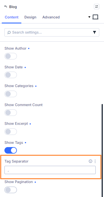 Divi Blog Module - Tag Separator setting - Added by Divi Booster