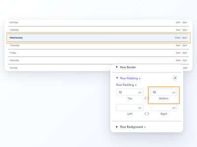 Divi Opening Hours Module displays a weekly schedule with editable day entries and individually styled rows.
