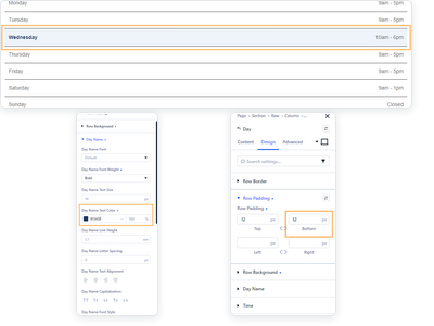 Divi Opening Hours Module with editable entries for a weekly opening hours schedule.