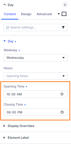 Setting open and closing time in Divi Opening Hours Module